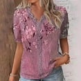 thumbnail image 2 of WXLWZYWL Womens Summer Tops Casual Short Sleeve Printed Lace Stitching V-Neck Basic Tunic Tops T-Shirts Blouses Pink, 2 of 5