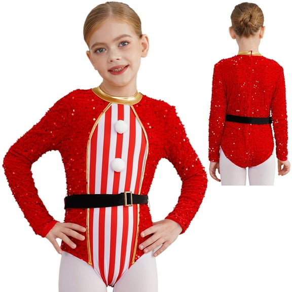 TiaoBug Long Sleeve Ballet Leotards for Girls Gymnastics Dancewear Christmas Elf Costume Red 10