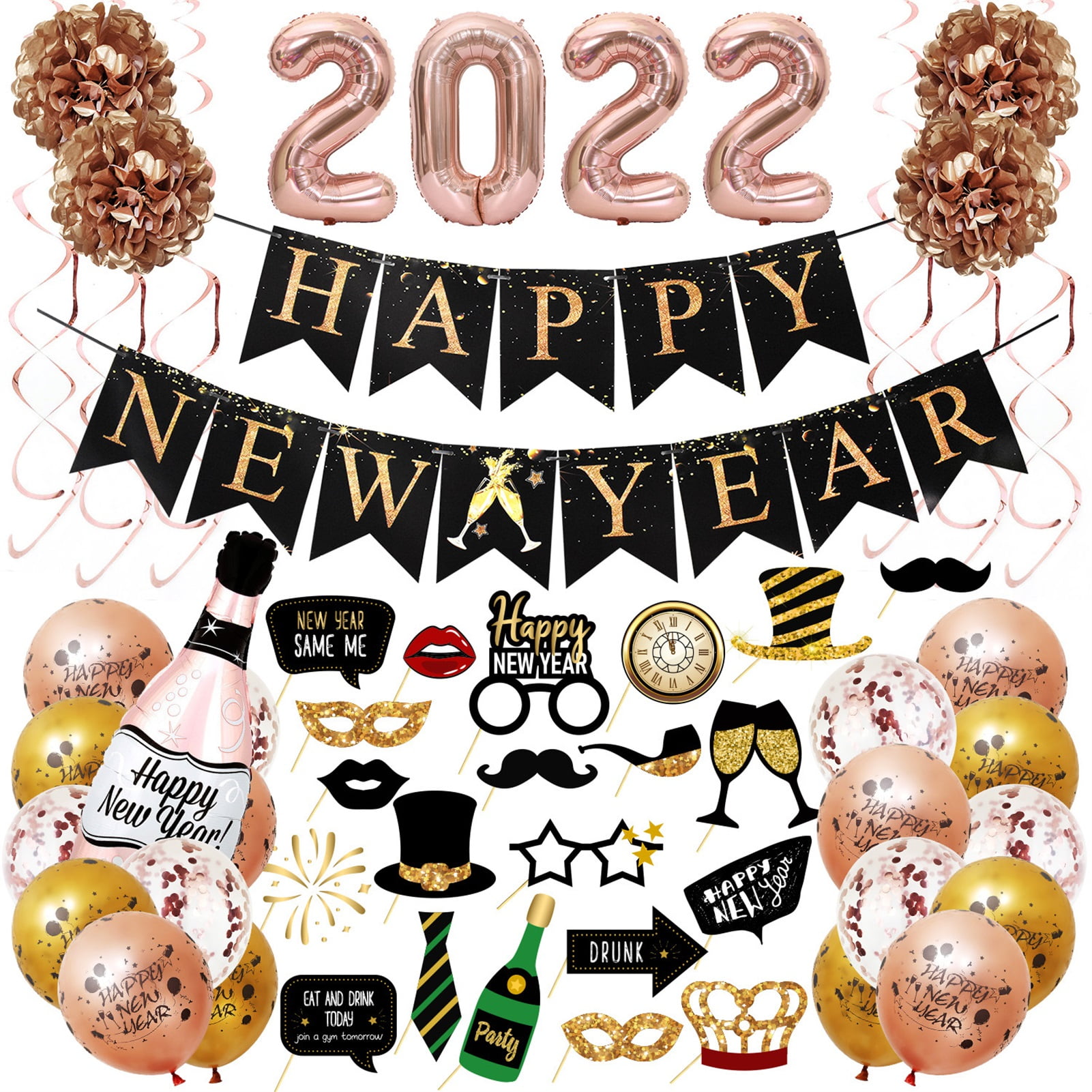 Happy New Year Banner New Years Eve Party Supplies 2022 Happy New Year Balloons Decorations Kit New Years Eve Decorations Happy New Year Balloons Decorations Set with 32 Inch Number 2022 Balloons 