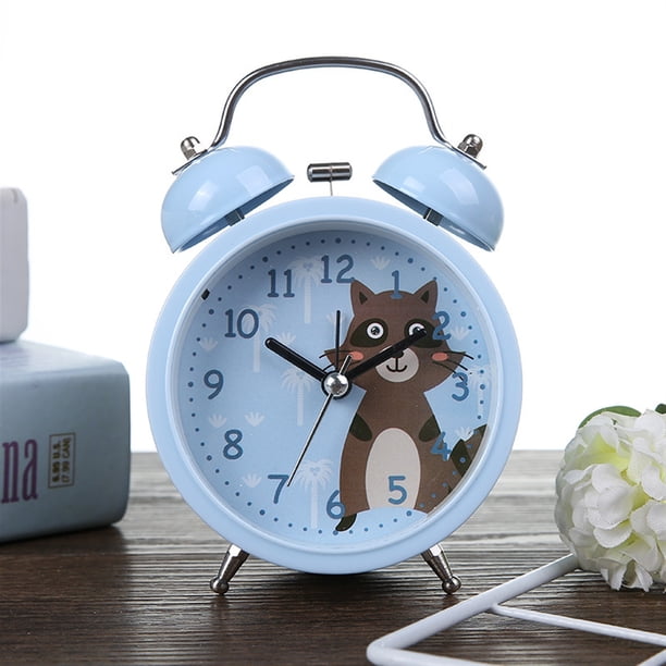 Reloj despertador de dibujos animados for dormitorio, mesita de noche, campana de Metal, reloj despertador pequeño, patrón de animales encantadores for niños con luz nocturna, reloj despertador