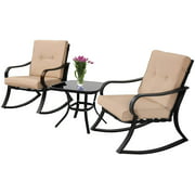 SUNCROWN 3-Piece Outdoor Patio Rocking Chairs Black Metal Bistro Set with Brown Thickened Cushion
