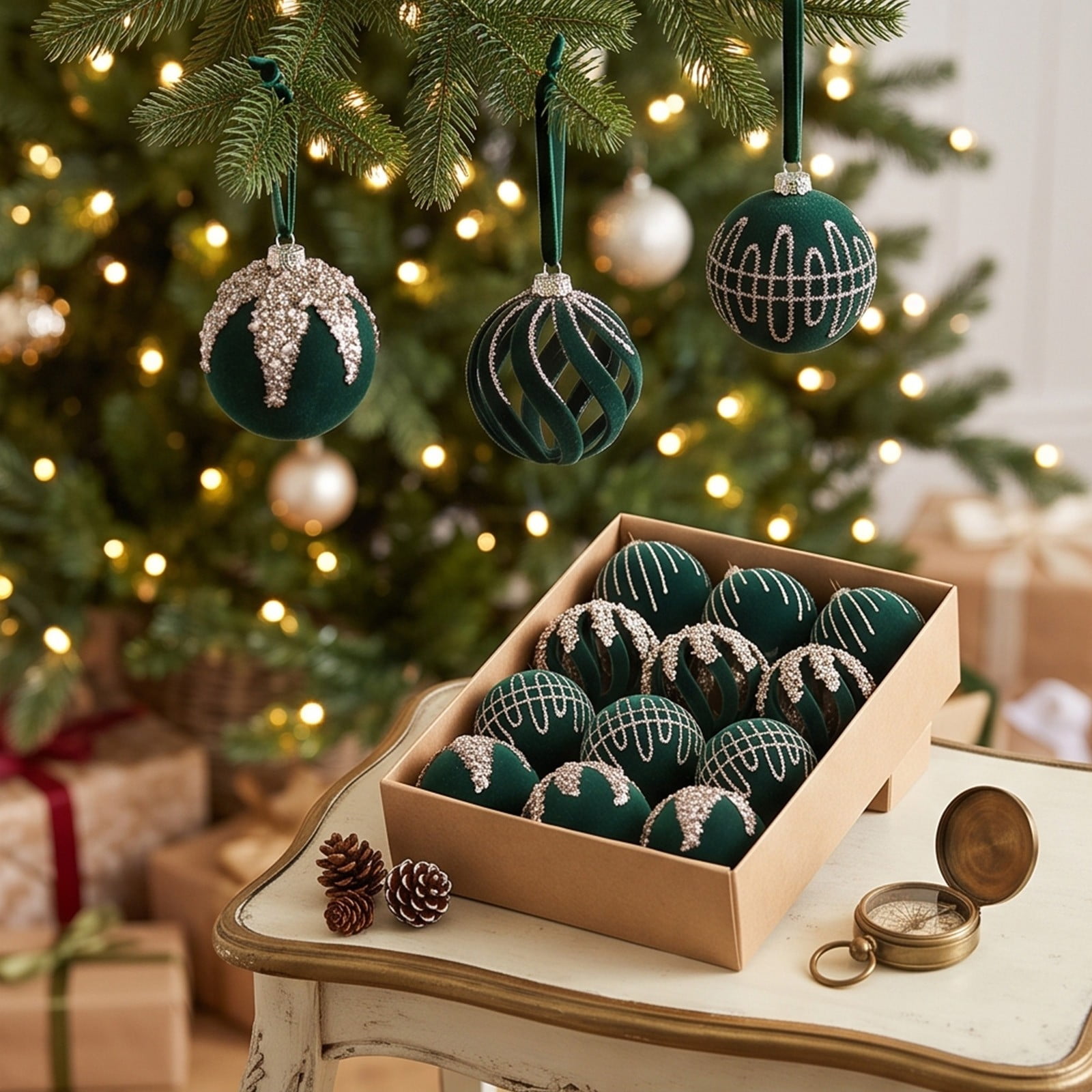 Christmas Ball Ornaments Set with Glitter Velvet Embellishments and Hanging Loops for Xmas Tree Holiday Party Decor 12 Pack