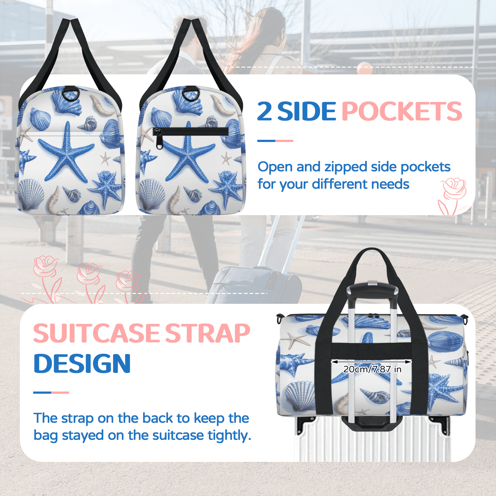 Herdesigns Seashell Starfish Travel Duffle Bag Sports Yoga Weekender Overnight Carry on Workout Bags Lightweight Waterproof Gym Tote Bag for Women Ocean Beach