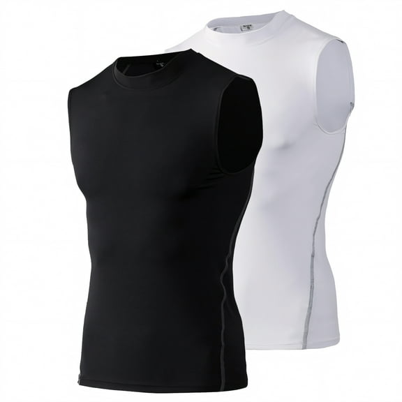 Toptie 2 Pack Mens Sport Compression Base Layer, Athletic Sleeveless T-Shirt-02#Black/White-S