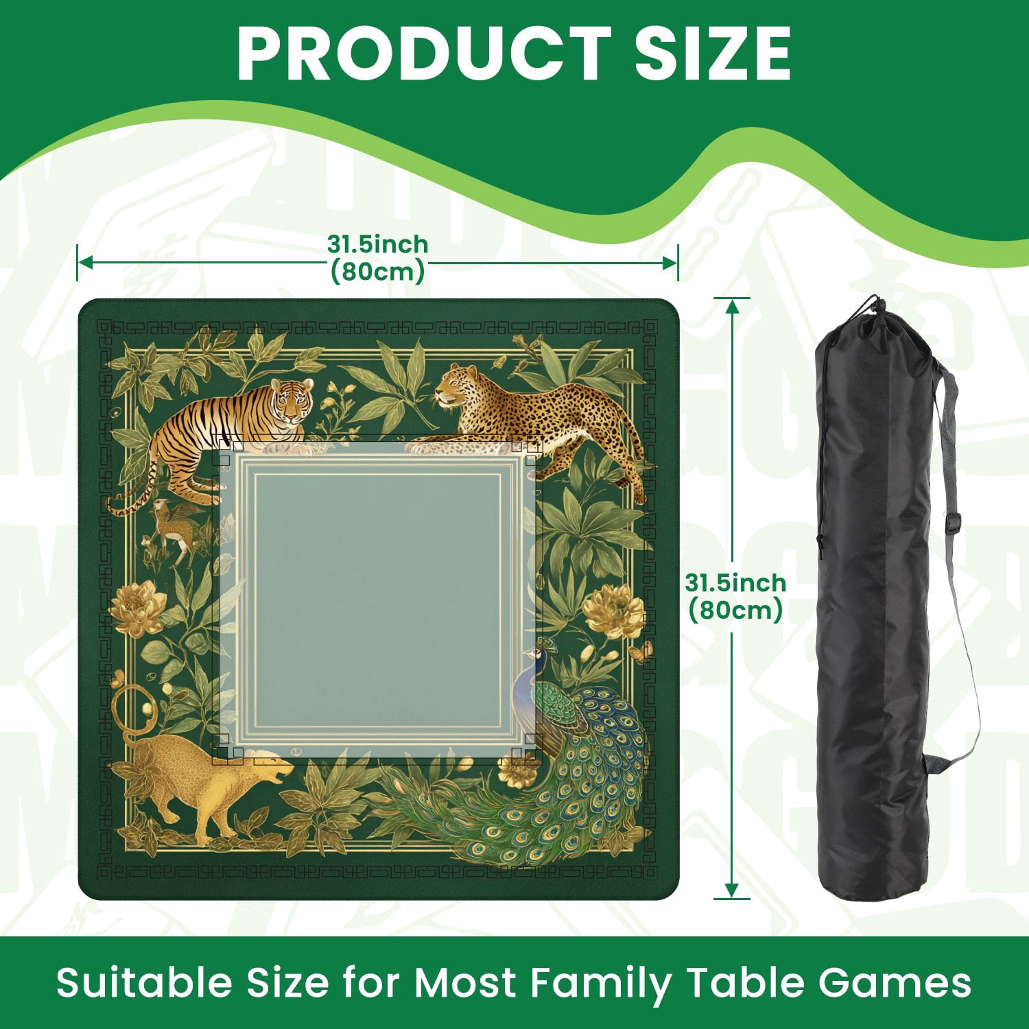 Mahjong Mat 31.5" x 31.5" Tropical Jungle Wildlife Tiger Leopard Peacock Golden Frame Non-Slip Noise Reduction American Mahjong Tiles Table Cover for Dominoes Poker Card Board Games Gift