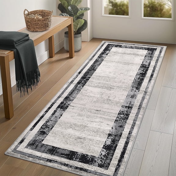 Senfot 2x6 Modern Bordered Runner Rugs Machine Washable Non-Slip Contemporary Stain Resistant Low Pile Carpet for Entryway Bedroom Hallway Kitchen Gray