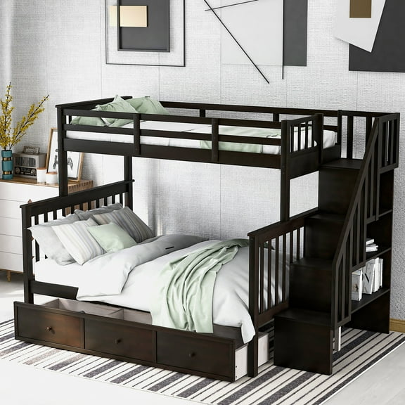 [US IN STOCK] Stairway Twin-Over-Full Bunk Bed with Drawer, Storage and Guard Rail for Bedroom, Dorm, for Adults, Espresso color