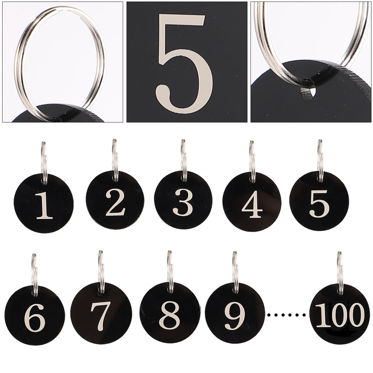 ROMANSENTIAL Engraved Number Tags Number Tag Rings Black Acrylic 100Pcs for Supermarket Use
