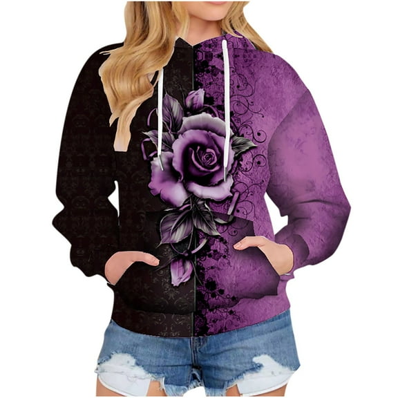 Women Hoodies Clearance Women's Hoodie Rose Printing Loose Casual Fashion Long Sleeve Sweatshirt Tops
