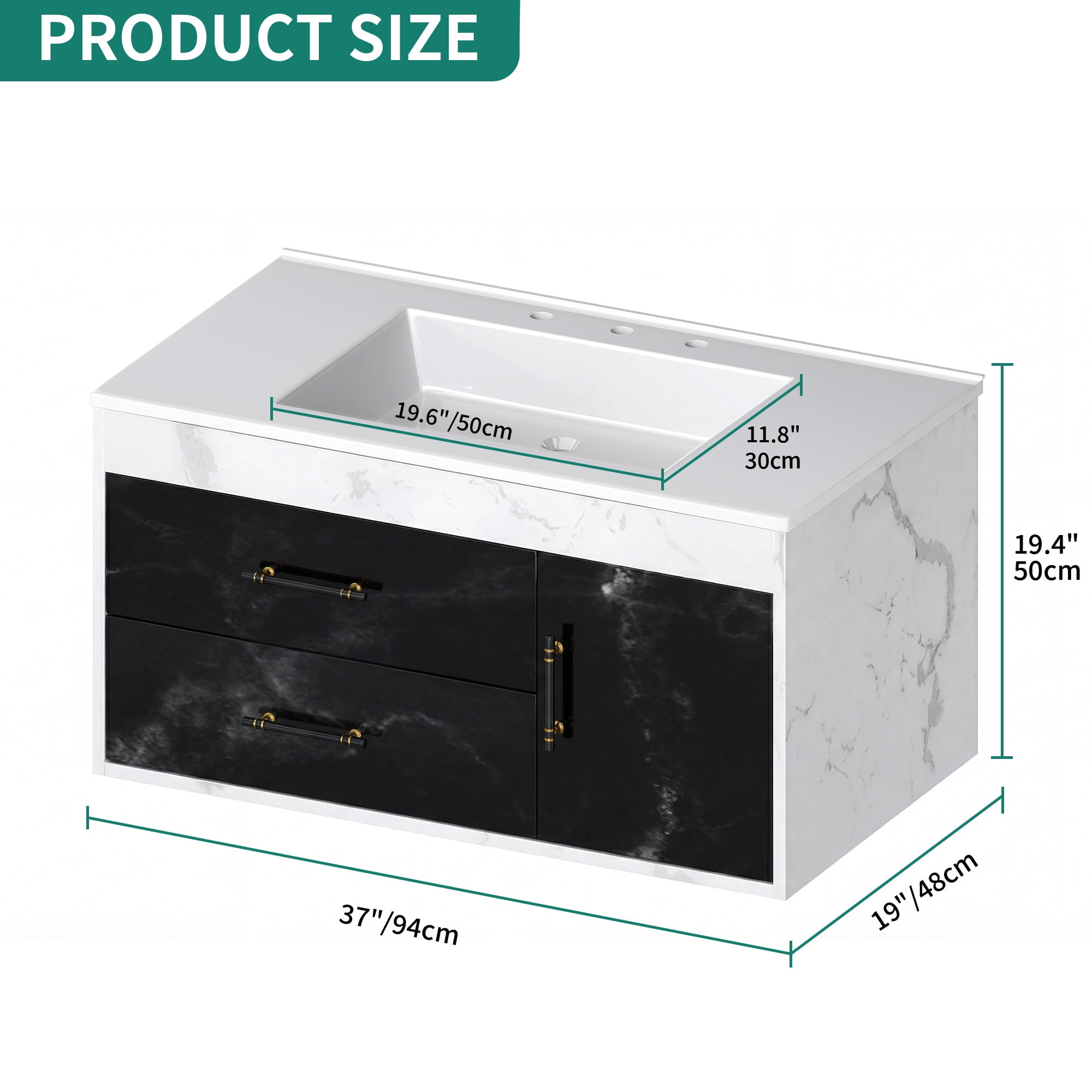 Uforic 37 Inch Floating Bathroom Vanity with Sink, Wall Mounted Bathroom Vanity Cabinet with 2 Drawers & Pre-drilled Three Holes, Modern Black-White Color Block with Marble Texture