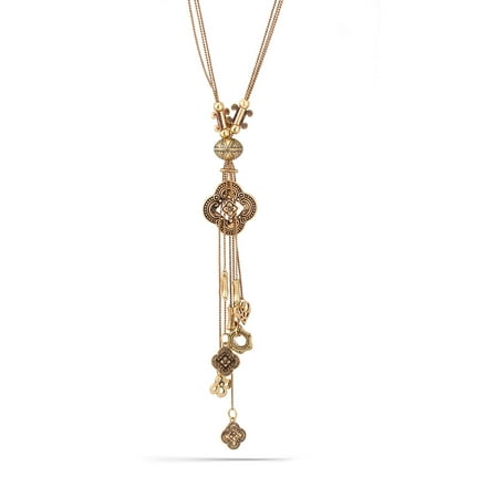 Oxidized Owl - TAZZA WOMEN'S OXIDIZED ANTIQUE LOOK VINTAGE BOHO GOLD-TONE TASSEL CLOVER CHARMS NECKLACE