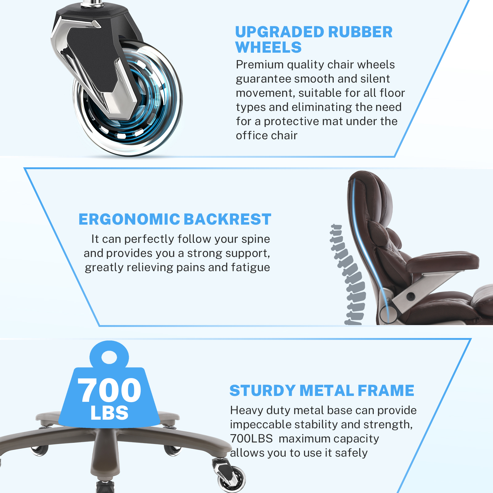 WOSDOM Big and Tall Office Chair 700lbs, Large High Back Executive Chair with Extra Wide Seat, Heavy Duty Rocking Computer Chair, 3D Flip Arms, Adjustable Lumbar Support, Brown