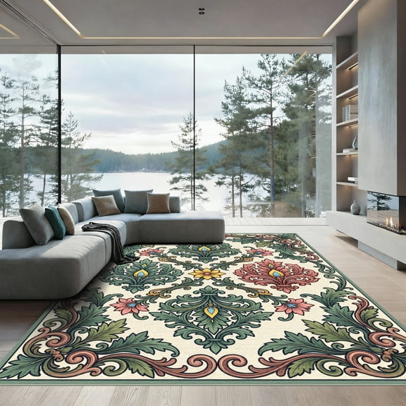 ODIKA 4'x6' Machine Washable Non-Slip Area Rug, Traditional Cream High Traffic Rug, Ivory, 1181645