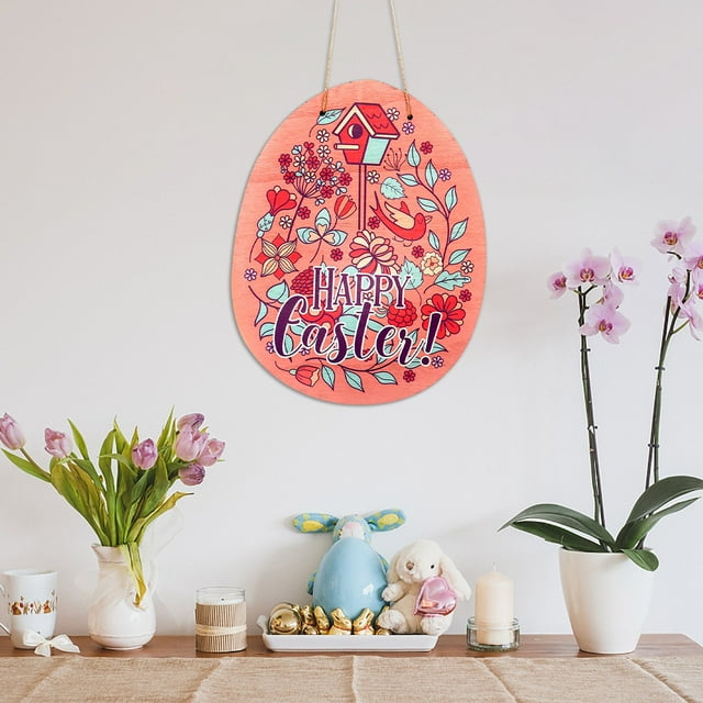 Xihbxyly Letrero Colgante de Madera de Pascua, Diseño Festivo de Conejo y Huevo, Decoración Colorida para Puerta de Pared, Decoración Interior y Exterior, Perfecto para Sala de Estar o Pasillo, 23 X