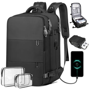 35L Travel Backpack for Women & Men, Carry On Backpack with USB Charging Port & Shoe Pouch, Expandable Flight Approved Backpack, Waterproof Travel Essentials for Weekender Business Hiking,Black