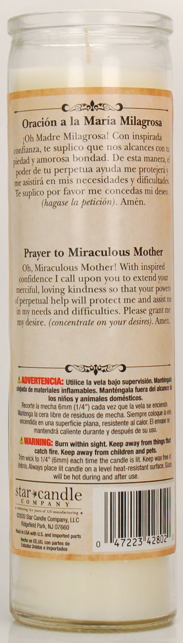 (2 pack) Prayer Candle Maria Milagrosa White Wax, 8 Inch