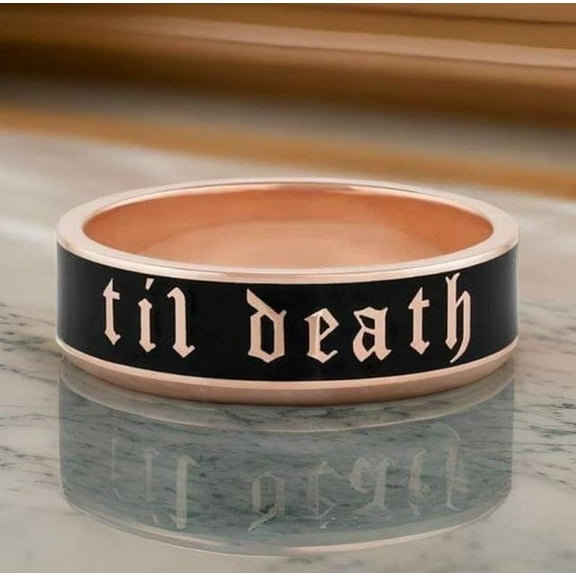 6mm & 4mm Til Death Rose Gold Black Enamel Band Ring, Til Death Band Ring, Personalized Ring,Gift For Men,promise Ring, Wedding Gift For Him