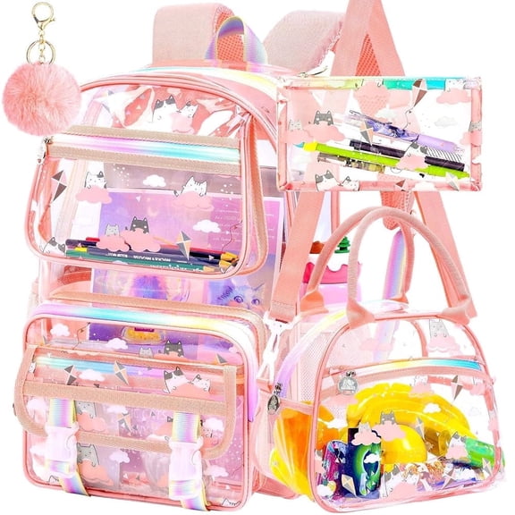 Transparent Backpack Heavy Duty, 3PCS Girls See Through School Bag Set, Cute Clear Bookbag for Women - Cloud Cat Pink