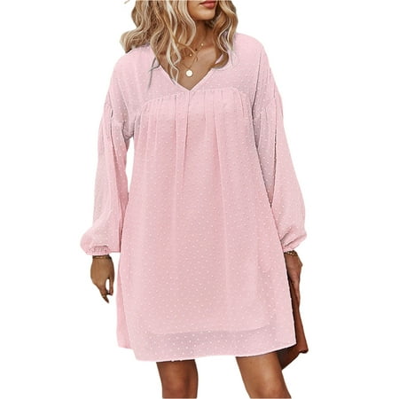 

Spring hue Women Girls Puff Sleeve Flared Dress Cute Dot Printed Chiffon Loose Comfy Pajamas Dress