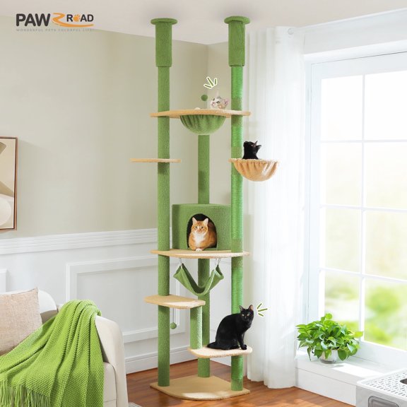 PAWZ Road Floor to Ceiling Cat Tree 92"-102" Adjustable Cat Tree Multi-Level Cat Tower for Indoor Cats, Green