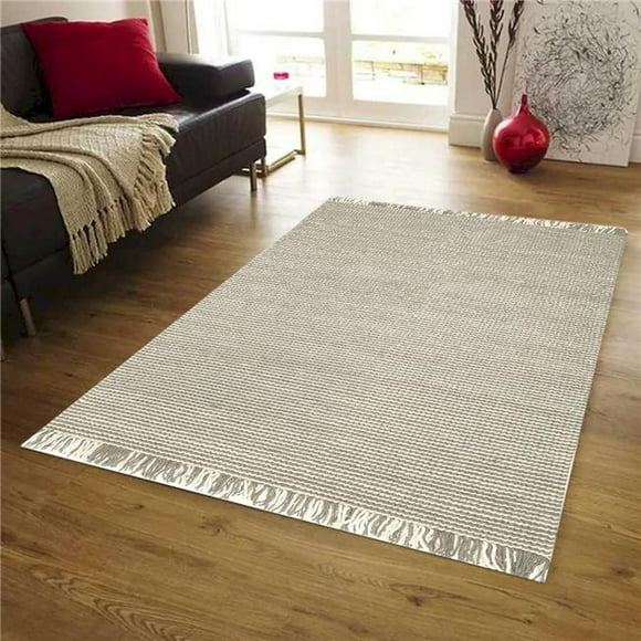 Tapis Rectangulaire 8 x 10 Pi. Zurich Gris & Ivoire avec Franges en Laine Tissée à la Main