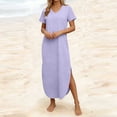 thumbnail image 4 of TIMIFIS Robe d'Été à Manches Courtes pour Femme, Couleur Unie, Col en V, Robe Maxi, Vacances, Plage, Robes Soleil avec Poches, 4 of 6