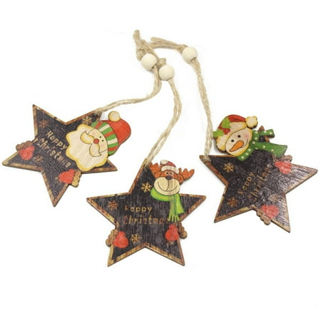 

HEMOTON 3pcs Wooden Chistmas Star Hanging Decor Color Printing Star Pendants Cartoon Crafts Gift Wrapping Pendant for Home Party Bar Hotel