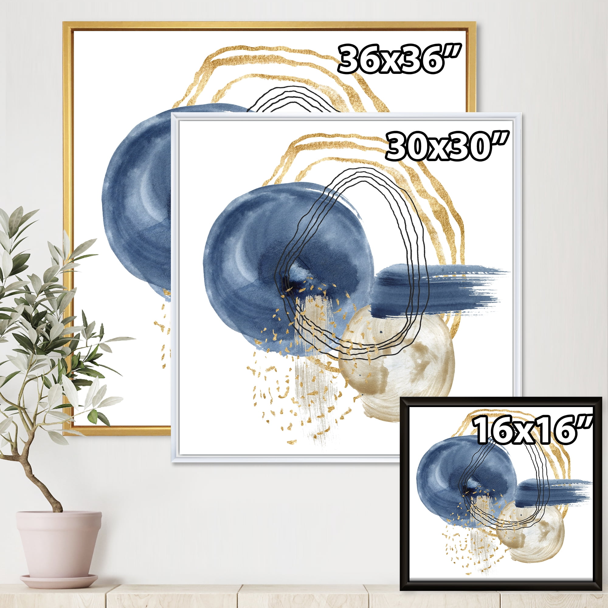 Abstract Black and Dark Blue Gold Underwater Life 36 in x 36 in Framed Painting Canvas Art Print, by Designart