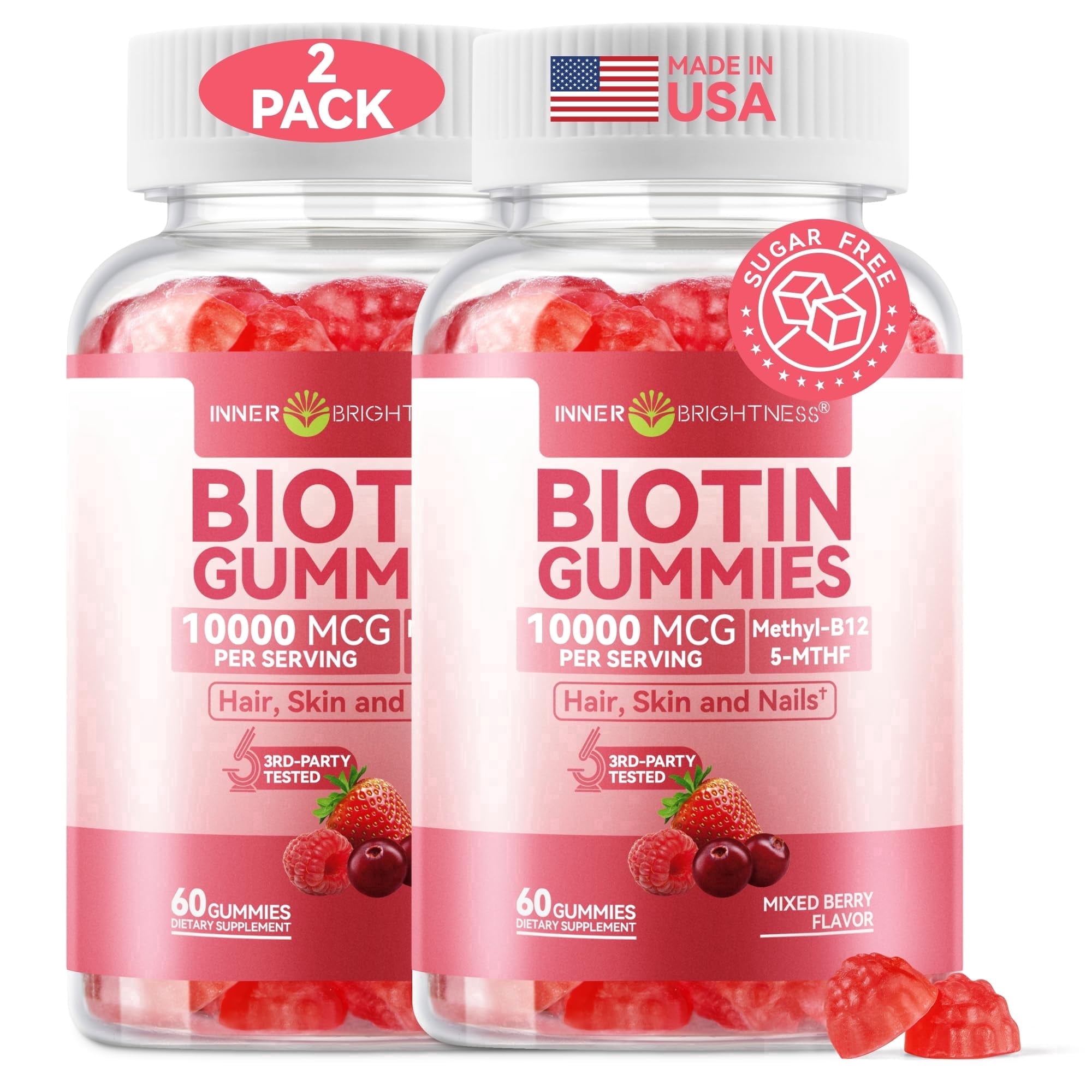 Inner Brightness 10000mcg Biotin Gummies – Hair, Skin & Nail Health Support for Women & Men, Vitamin C D3 B6 Methyl B12 Folate Zinc Bisglycinate, Sugar-Free Mixed Berry Vegan Chews, 120 Count