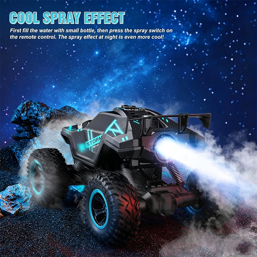 HNH 1:16 RC Car Remote Control Car, RC Monster Truck with Lights and Spray Function, All Terrain Off Road RC Monster Vehicle Truck for Kids, 2400Mah Battery