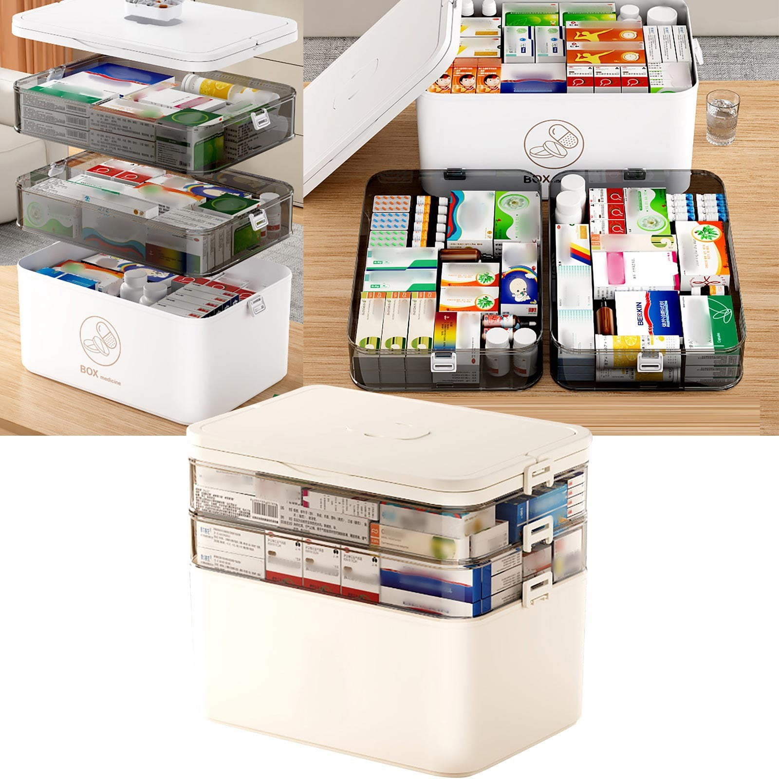 THHEIC 3-Tier Foldable Plastic Storage Box with Handle, Lockable Portable Organizer Case for Medicine, Crafts, Cosmetics, Sewing, Toys & Small Accessories