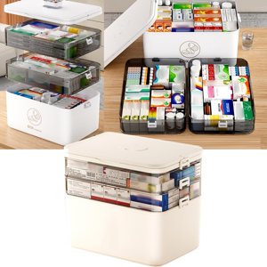 Organisateur de médecine,3-Tier Boîte de stockage de médicaments, Embout Family Urgences Trousse de premiers soins Conteneur,Portable Plastic Medicine Storage Organizer Holder Boîte polyvalente avec poignée pour la maison, Voyage (blanc)