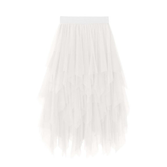 Cxenplz Tulle Skirts for Women Asymmetrical Pleated Tutu Midi Skirt Casual Cocktail Party Beach Elastic Waist Mesh Layered Skirts on Clearance
