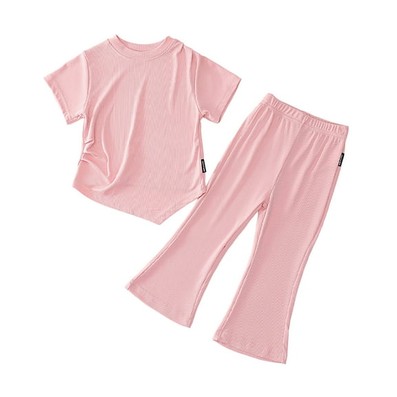 Two Piece Kids Ribbed Outfit Girls Asymmetrical Hem Crop Tees Wide Leg Pants Casual Summer Fashion Clothes Lounge Wear 8 Years, Pink