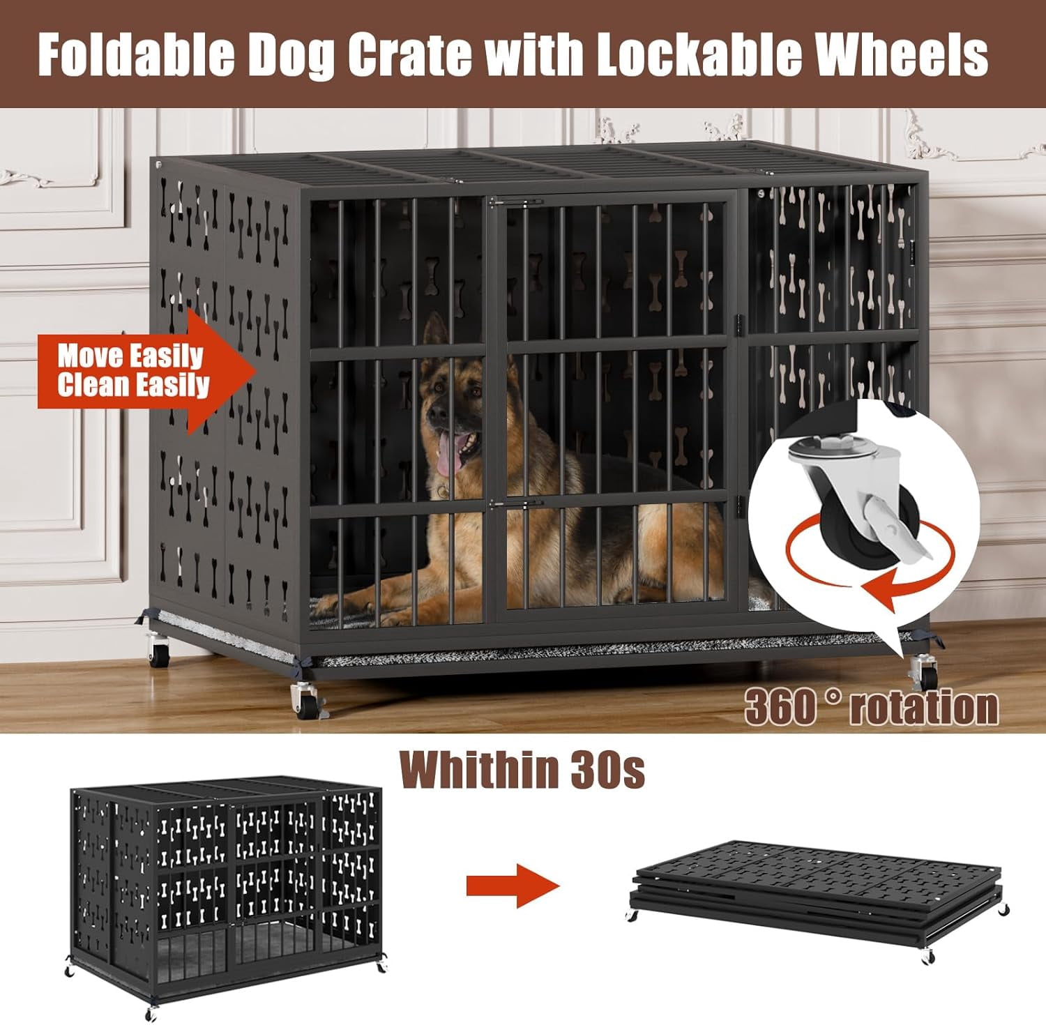 Waleaf 48 inch Heavy Duty Indestructible Dog Crate, Escape Proof Dog Cage with Enclosed Design, High Anxiety Dog Crate for Large Dogs, Lockable Wheels and Removable Trays, Large