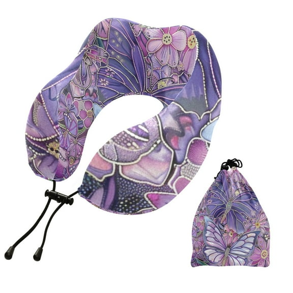 BZSMCE Travel Pillow Purple Butterfly Garden Pattern 10.5x9.5x6in
