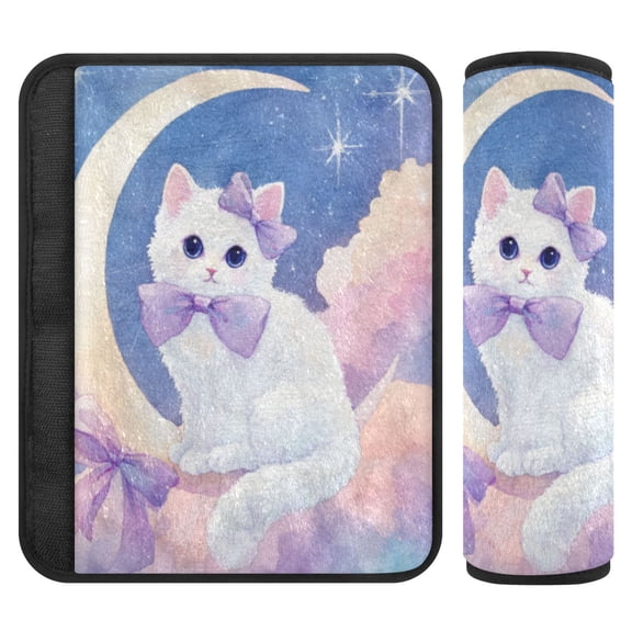 2 Pcs Seat Belt Strap Covers Pad for Car Soft Flannel Car Seat Belt Shoulder for All Cars Cute Cat with Purple Bows