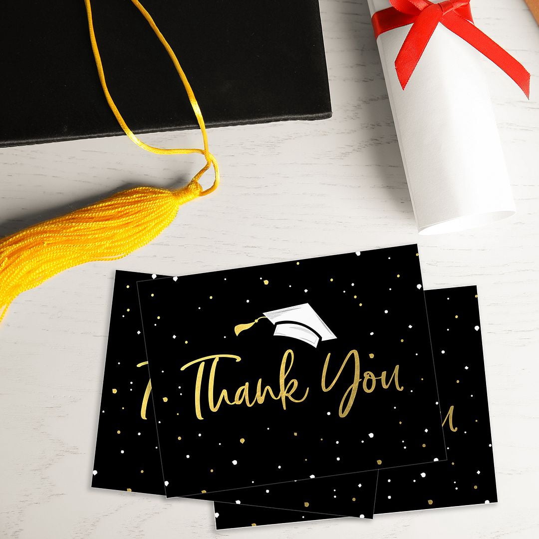 Faux Gold Confetti Graduation Thank You Cards / 100 Bulk Note Cards With White Envelopes / 4 1/4" x 5 1/2" High School College Grad Greeting Cards / Made In The USA