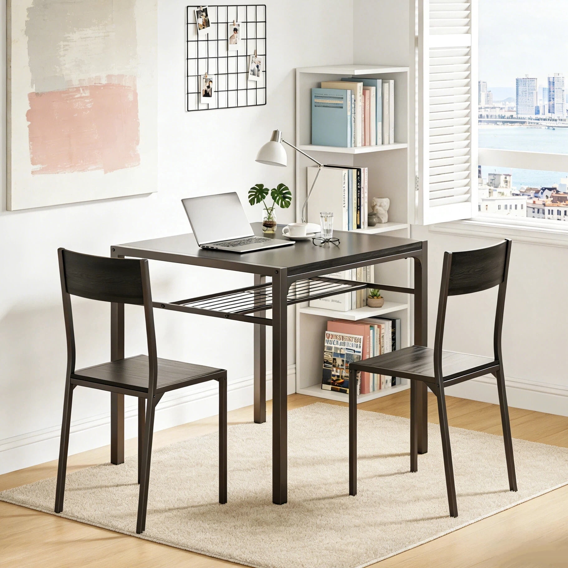 3 Piece Dining Table Set for 2, Lofka Kitchen Table with Chairs & Storage Shelf, Black MDF Dining Set for Small Space, Apartment, Breakfast Nook