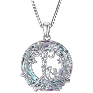 WINNICACA S925 Sterling Silver Mother and 3 Family Members Tree of Life Pendant Necklaces with Purple Crystal Jewelry Birthday Anniversary Valentines Mothers Day Gifts for Women