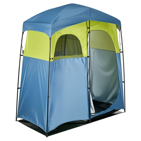 KFFKFF Portable Privacy Tent with Two Compartments, Includes Shower Bag, Ground Stakes, Ropes, Carry Bag, and Support Poles, Made of Durable 150D Oxford Fabric with Silver Coating