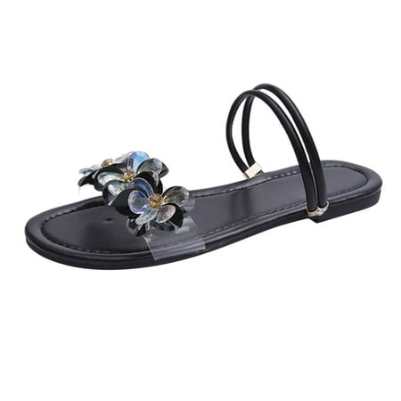 

Cathalem Ladies Fashion Summer Solid Color Leather Flower Decorative Open Toe Flat Sandals Black 37