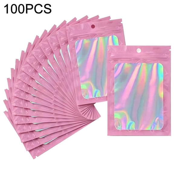 100Pcs Rainbow Holographic Resealable Bags, Clear Opaque Dual Sided Self Seal Pouches, Small Zipper Storage Bags for Badge, Jewelry & Tiny Accessories