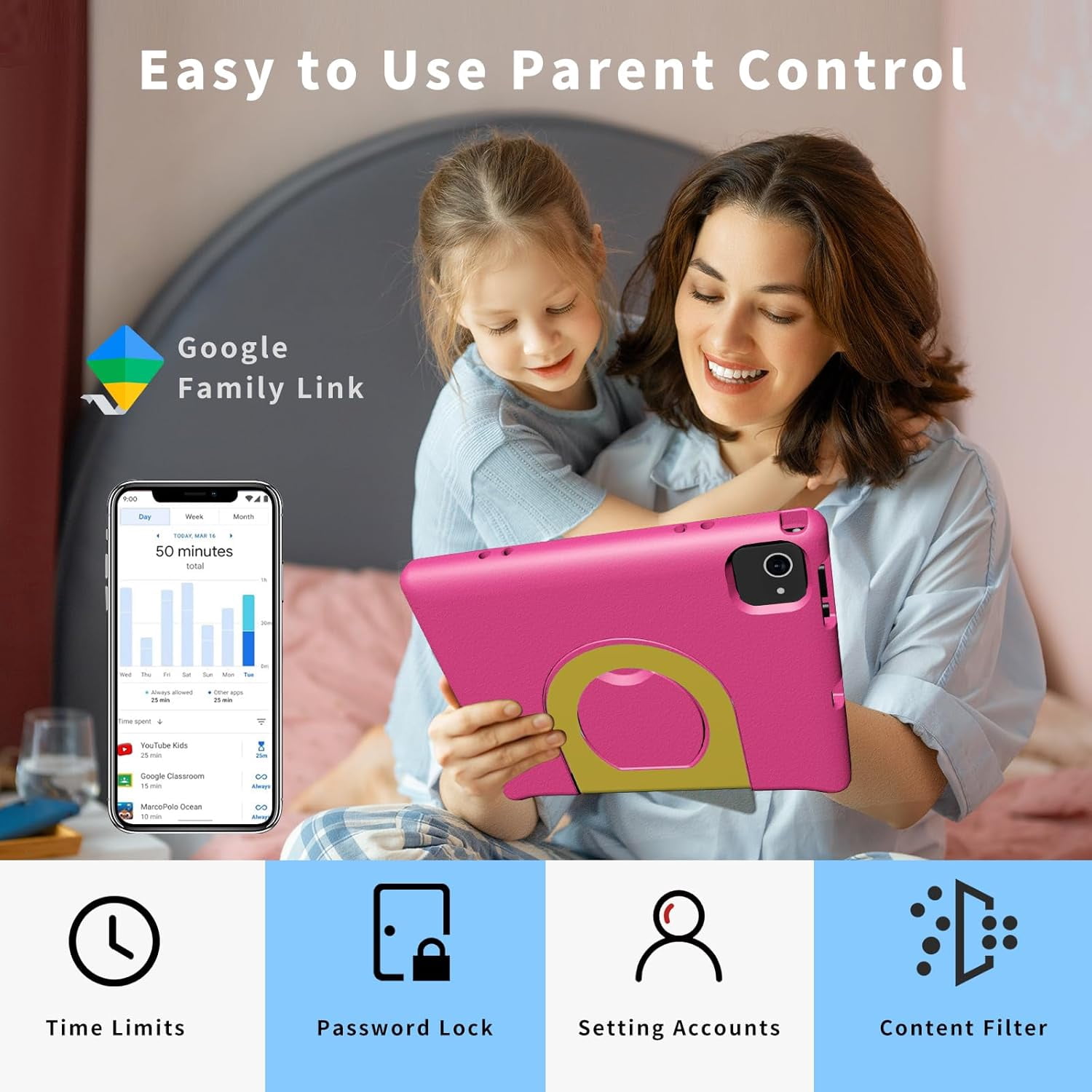 Kids Tablet with Strap, Android 14 Tablet for Kids 10 inch , Toddler Tablet Octa-Core 64GB 1TB Expandable, Children's Tablet with Case, Bluetooth WiFi Parental Control Dual Camera, 12-hr battery