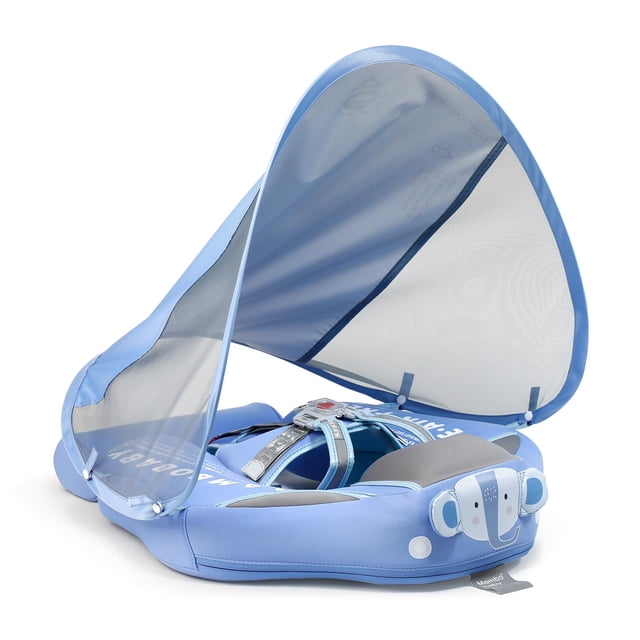 Baby Pool Float Non-Inflatable Solid Mambobaby Baby Swim Float Infant Pool Float with Canopy & Tail Toddler Pool Float with UPF 50+ Sun Protection for 3-24 Months Kids (Narwhals Light Blue)