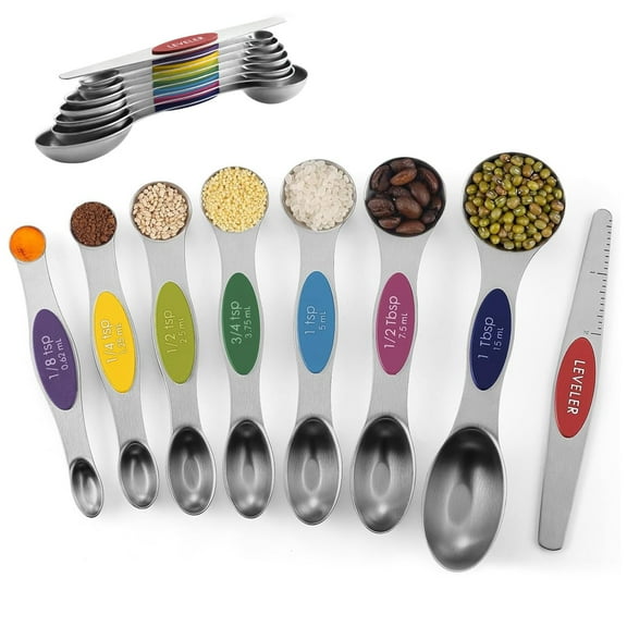 Pack of 8 Stainless Steel Magnetic Measuring Spoons Set, Dual Sided, Stackable, Adjustable Teaspoon and Tablespoon Measure Spoon with Leveler, Kitchen Gadgets Set 1