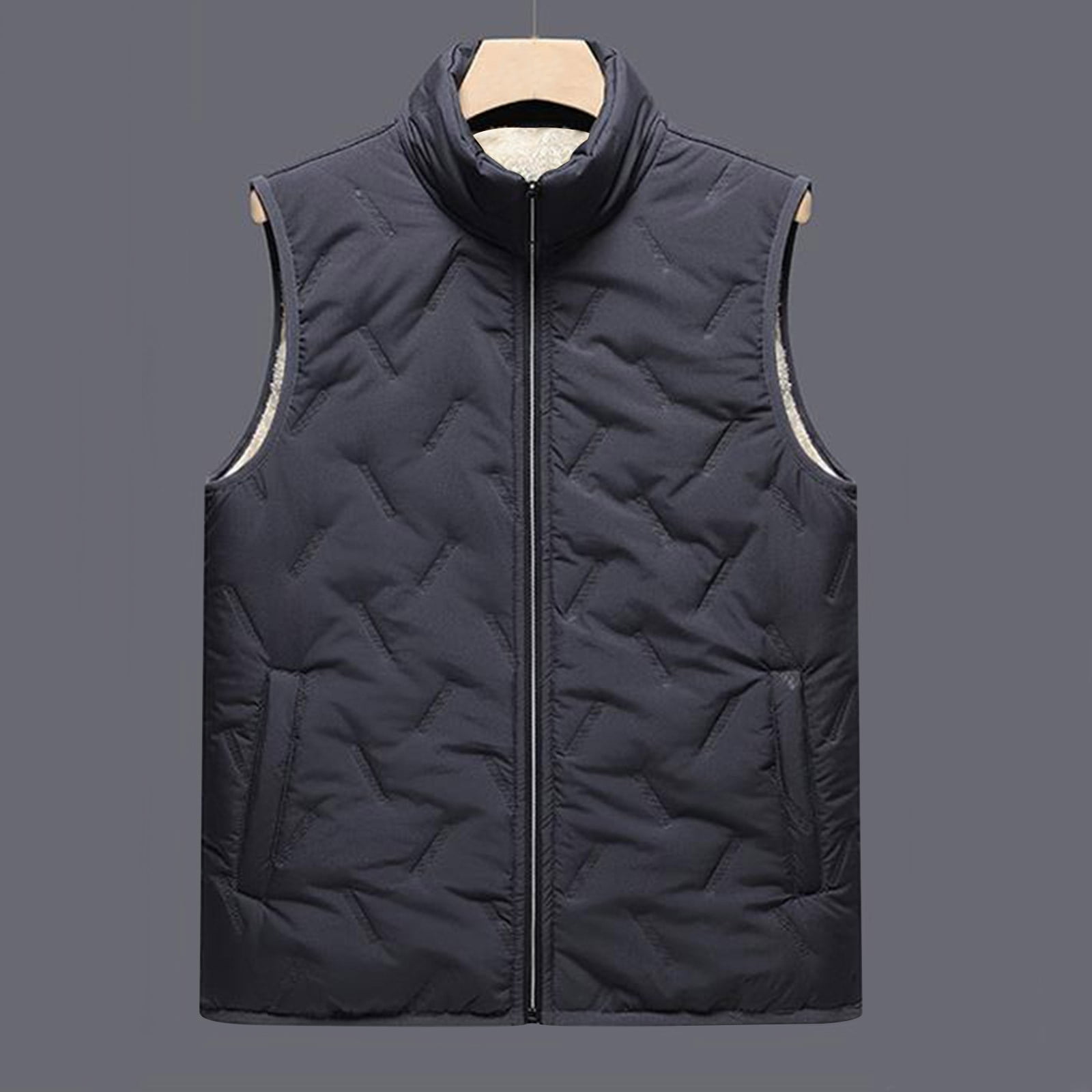 JUUYY Men's Fleece Lined Vest Zip Up Stand Collar Vest Jacket Windproof Outdoor Lightweight Running Vest Outerwear with Pockets Gray L