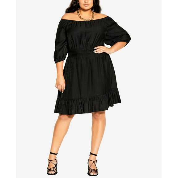 City Chic Trendy Plus Size Mini Flirt Off Shoulder Dress Min Black 24W