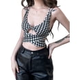 thumbnail image 2 of VISgogo, chaleco corto para mujer, tirantes divididos, cuello en V, patrón de pata de gallo, envoltura cruzada, espalda abierta, camisetas sin mangas cortas con lazo VISgogo  moda, 2 of 9
