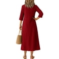 thumbnail image 4 of Robe Tailleur pour Femme Robe pour Femmes Longue Robe Bohème de Plage Élégante Robe Maxi Robe à Col en V Robe à Manches 3/4 Bordeaux L, 4 of 5